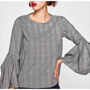 Zara Houndstooth Plaid Bell Sleeve Top